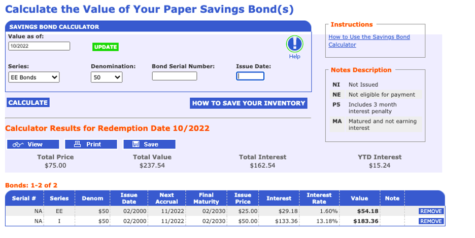 Screenshot of the savings bond calculator