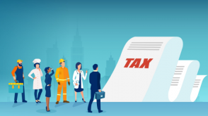 Drawing of a businessman approaching a giant tax document