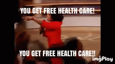 GIF of Oprah saying 'you get free health care' to her audience