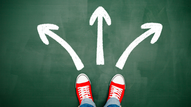 A person's indecisive feet, unsure which direction to take