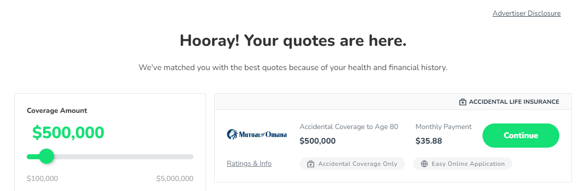 Fiona life insurance quote for $500,000 accidental coverage