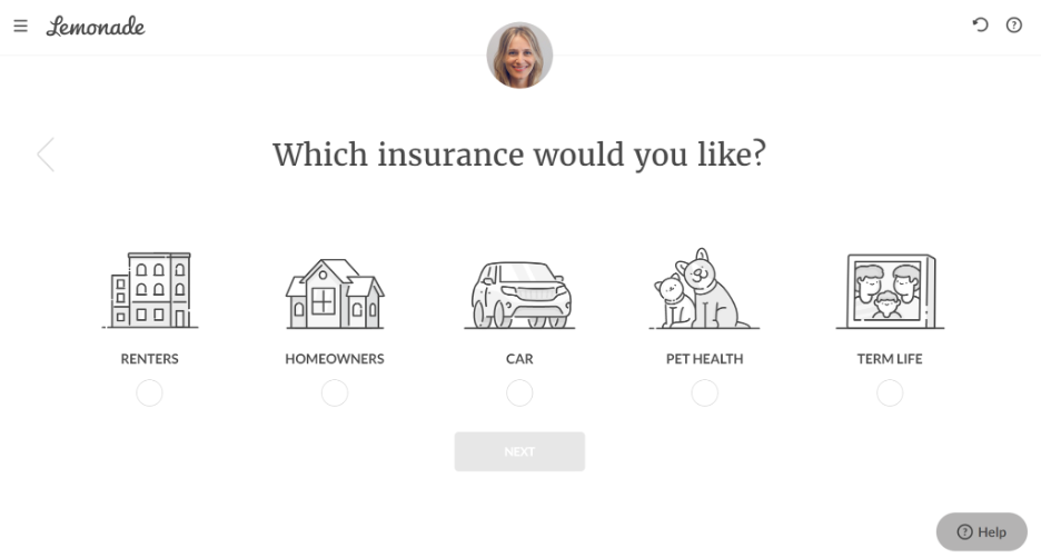 Screenshot of choosing a policy type with Lemonade