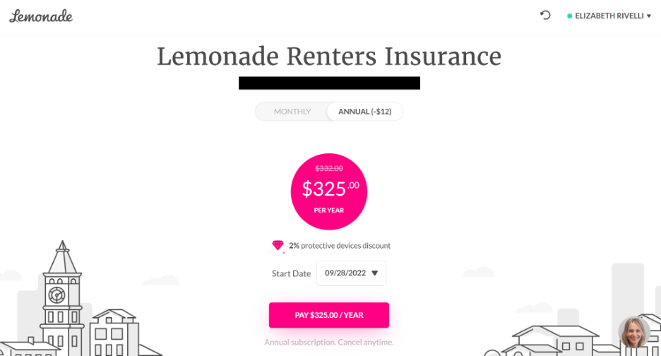 Screenshot of getting a Lemonade renters insurance quote