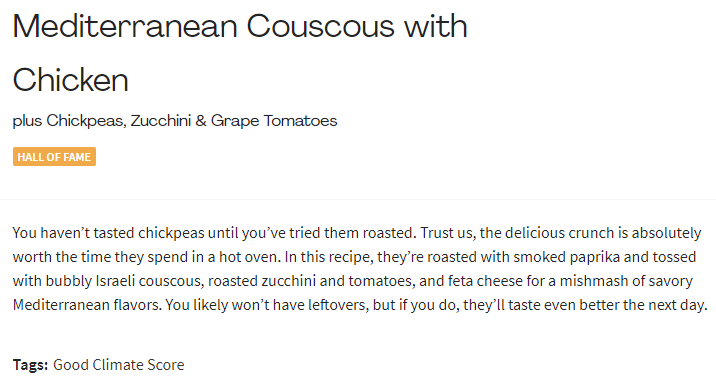 HelloFresh recipe for Mediterranean Couscous with Chicken showing a Good Climate Score