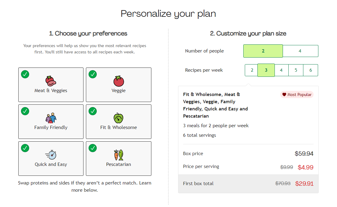 HelloFresh plan personalization options including preferences and size