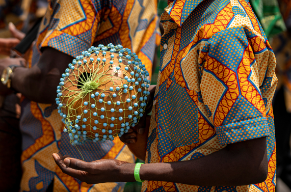 Ghanaian man playing a beaded axatse (dried gourd) at a festival