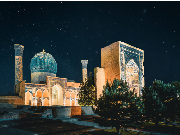 Gur Amir mausoleum at night in Samarkand, Uzbekistan