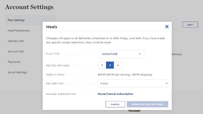 Blue Apron account settings page showing plan type and meal frequency