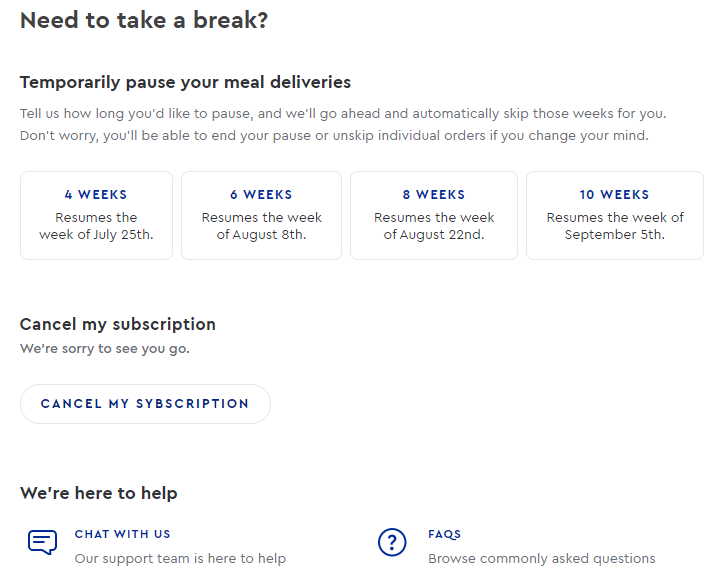 Blue Apron cancellation screen titled "Need to take a break?" with options for pausing or canceling