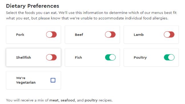 Blue Apron dietary preferences page with ingredients to avoid