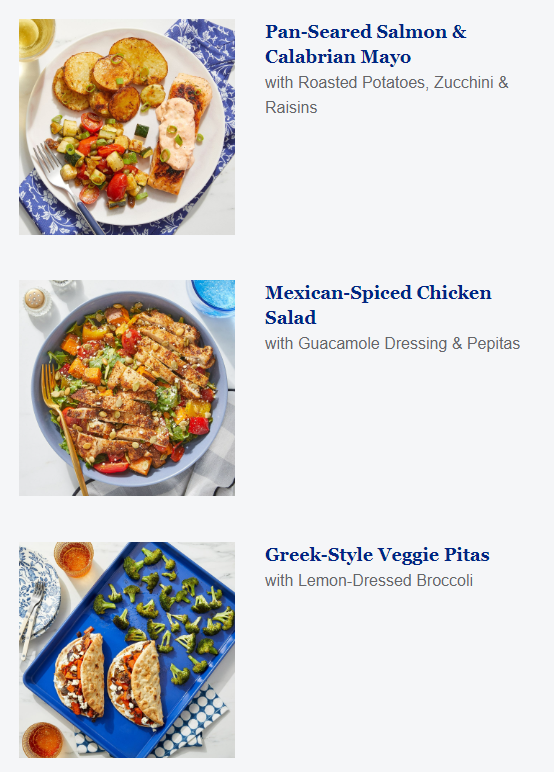 Blue Apron menu sample with three meals