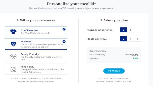 Blue Apron ordering screen with meal kit personalization options