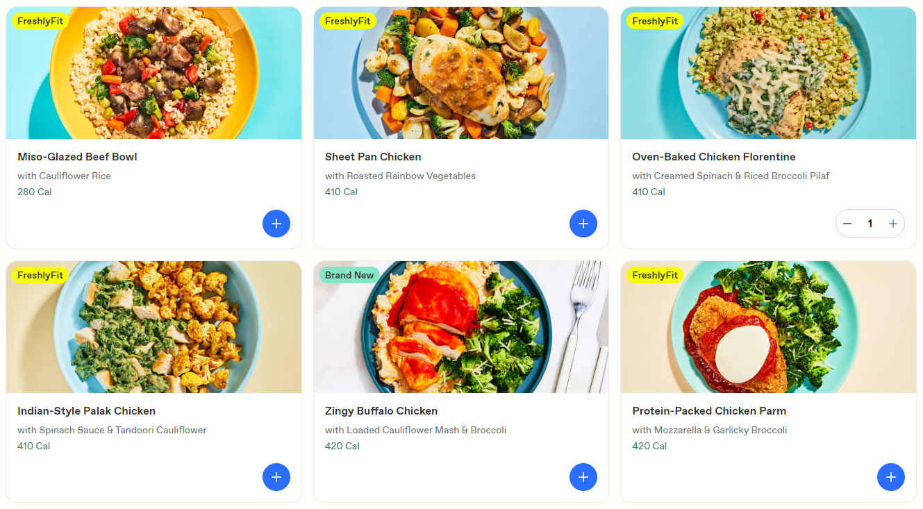 Six different Freshly meals from the FreshlyFit category of low-calorie dishes