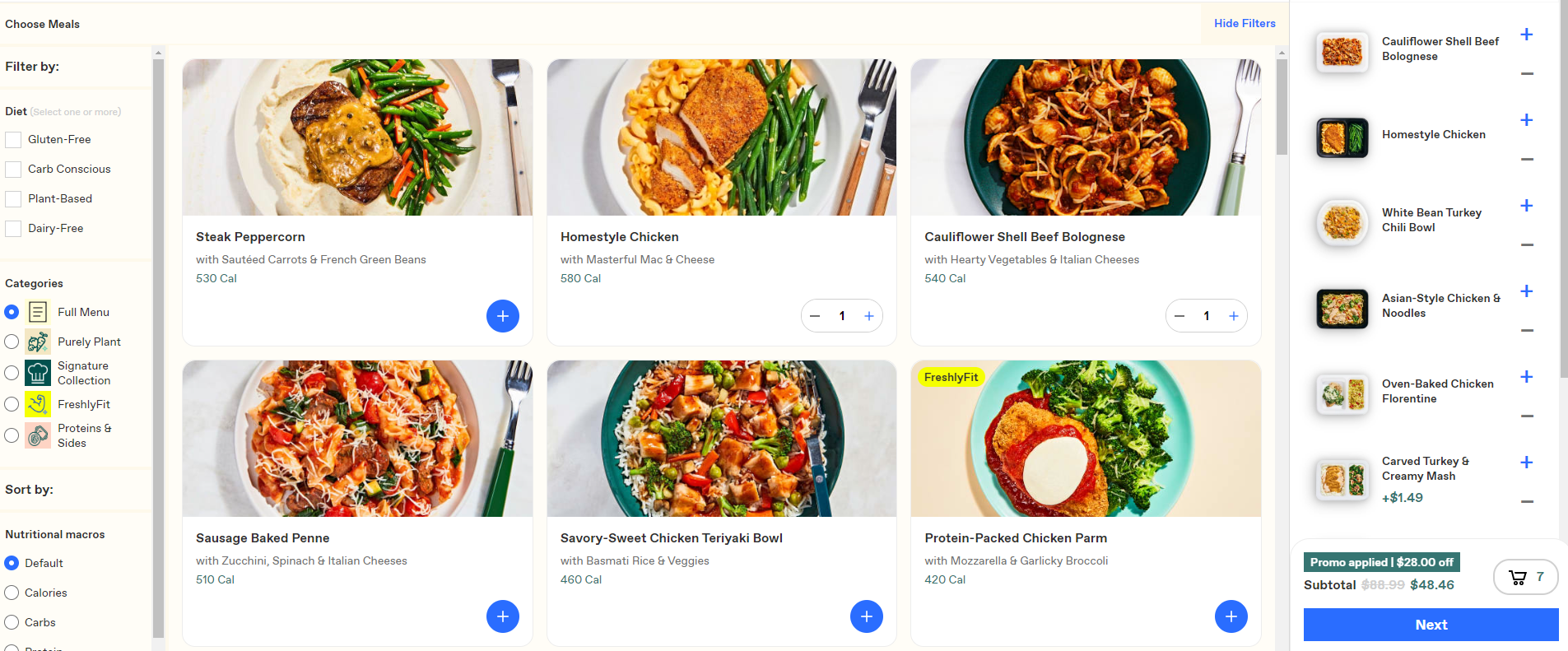 Freshly menu showing dinners with sidebar navigation with filters and categories