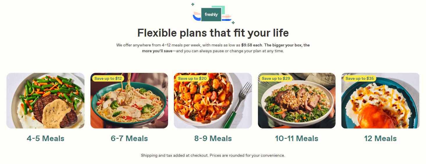 Freshly meal plan options with five different choices