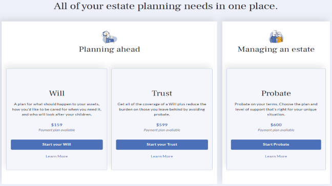 Image of Trust & Will selection screen that shows pricing for will, trust, and probate services