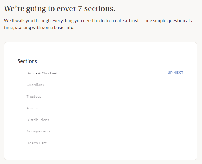 Seven sections covered in the creation of a will with Trust & Will
