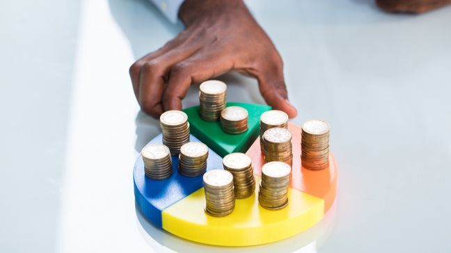 man using stacked coins on top of color-coded pie chart to visualize portfolio