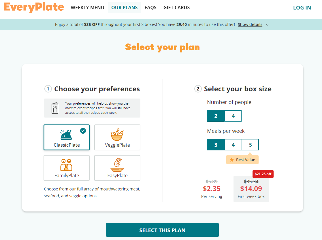 EveryPlate "Select your plan" screen with meal preferences and box size options