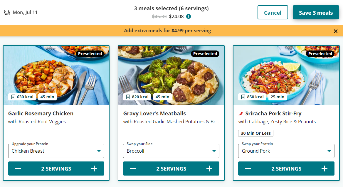 Three EveryPlate meals with the option to customize