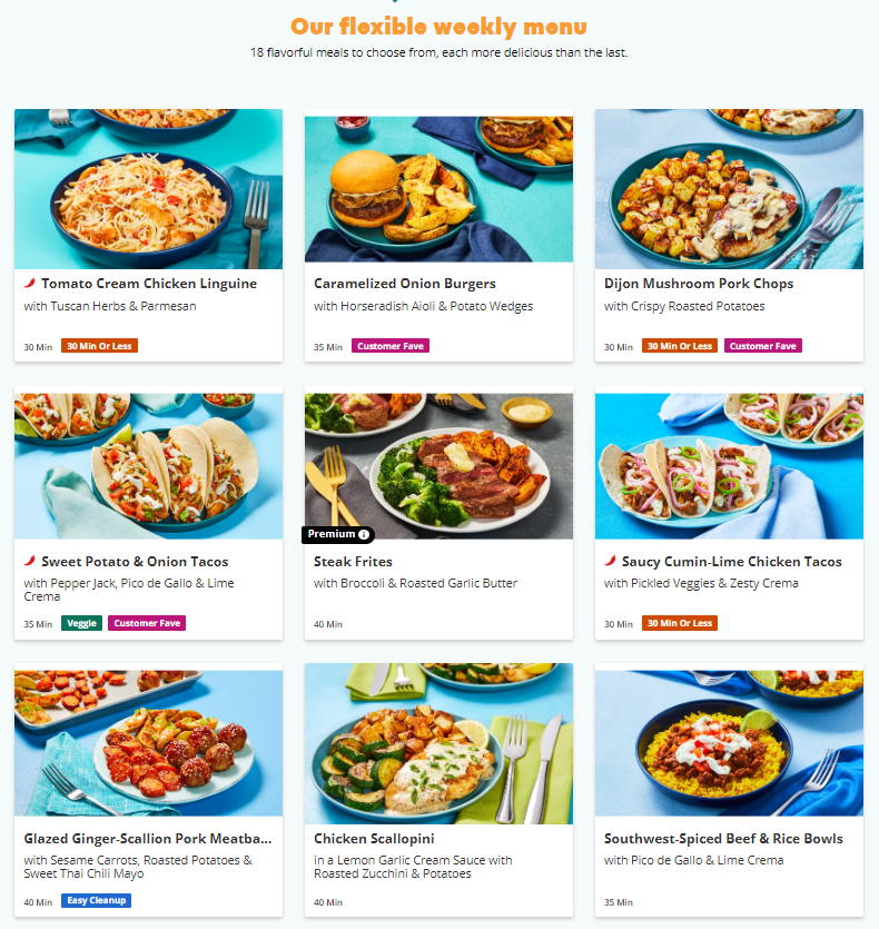 EveryPlate menu with nine different meal selections