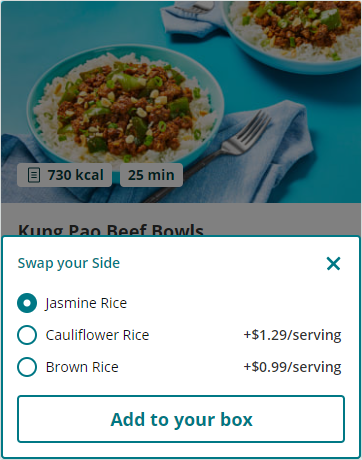 EveryPlate Kung Pao Beef Bowls meal with swap your side options