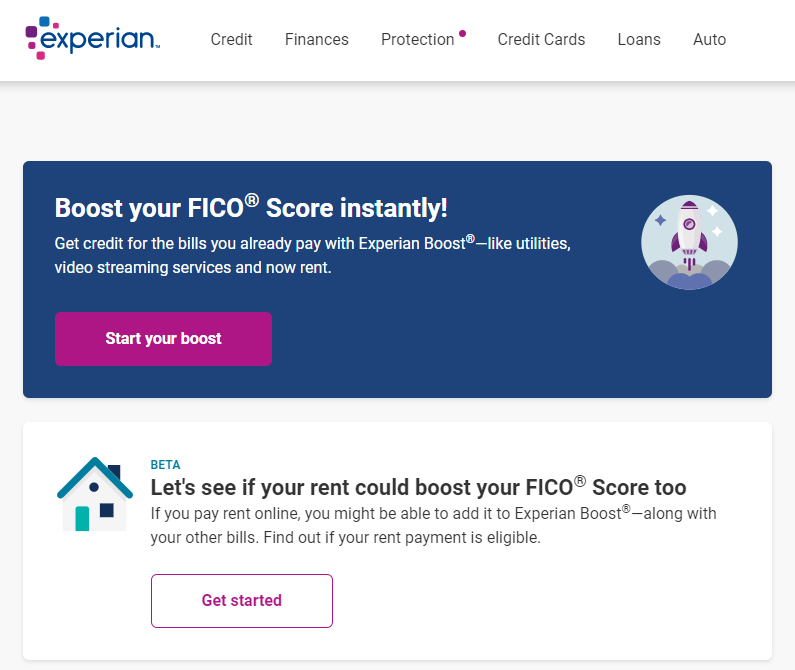 Experian Boost screen with start your boost button