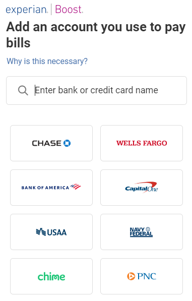 Experian Boost add an account page showing different banks that can be linked