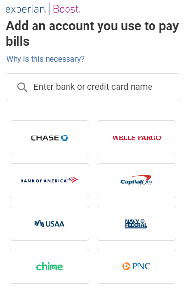 Experian Boost adds account page showing different banks that can be linked
