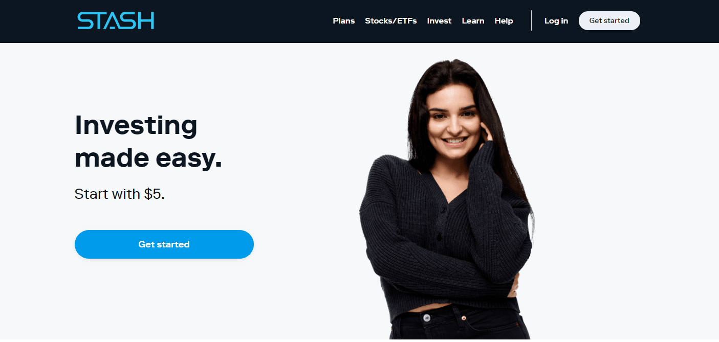 A screengrab of Stash's website homepage, saying "Investing made easy. Start with $5."