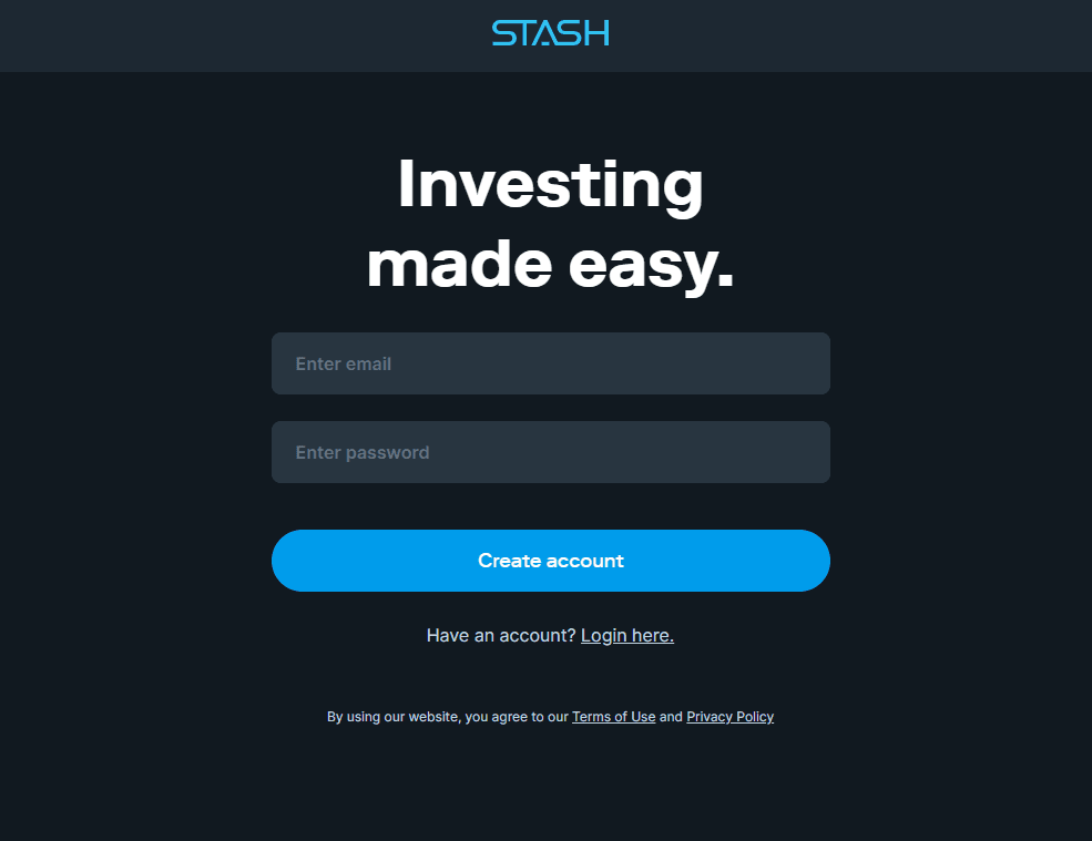 A screengrab of the Stash sign-up page for creating an account.