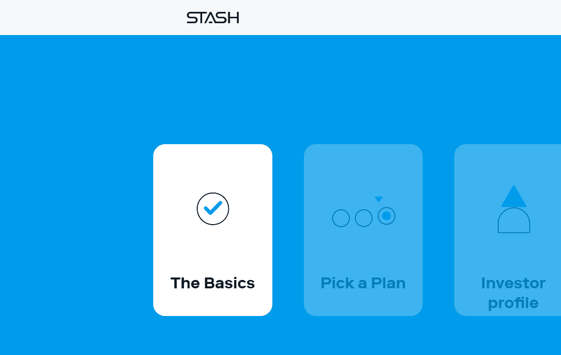A screengrab of Stash's sign-up page, showing the first step called "The Basics."