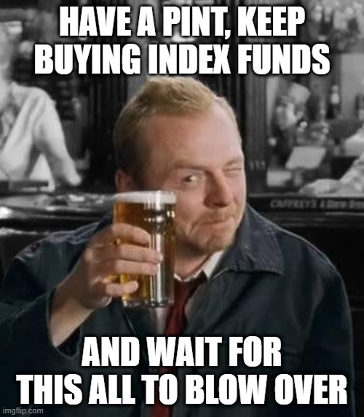 Meme of a man saying 'Have a pint, keep buying index fuinds'