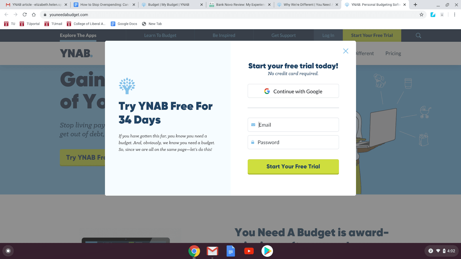 YNAB Review - Sign up