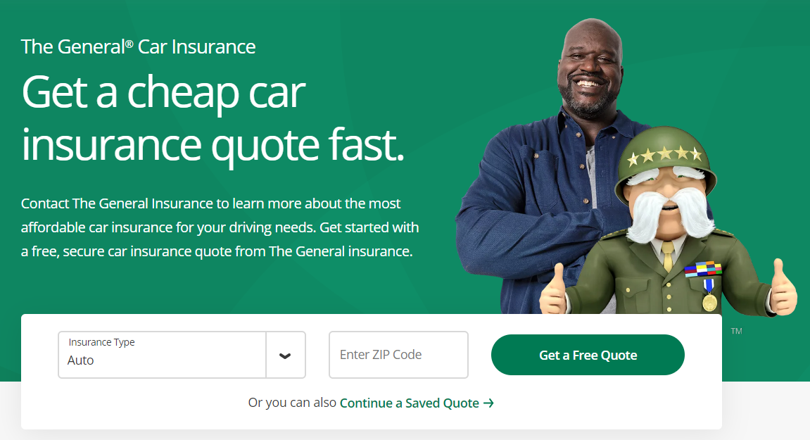 The General insurance home screen showing Shaquille O'Neal next to a general