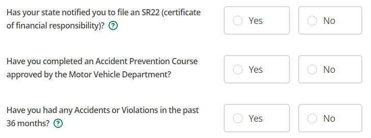 The General insurance application questions about accidents and violations