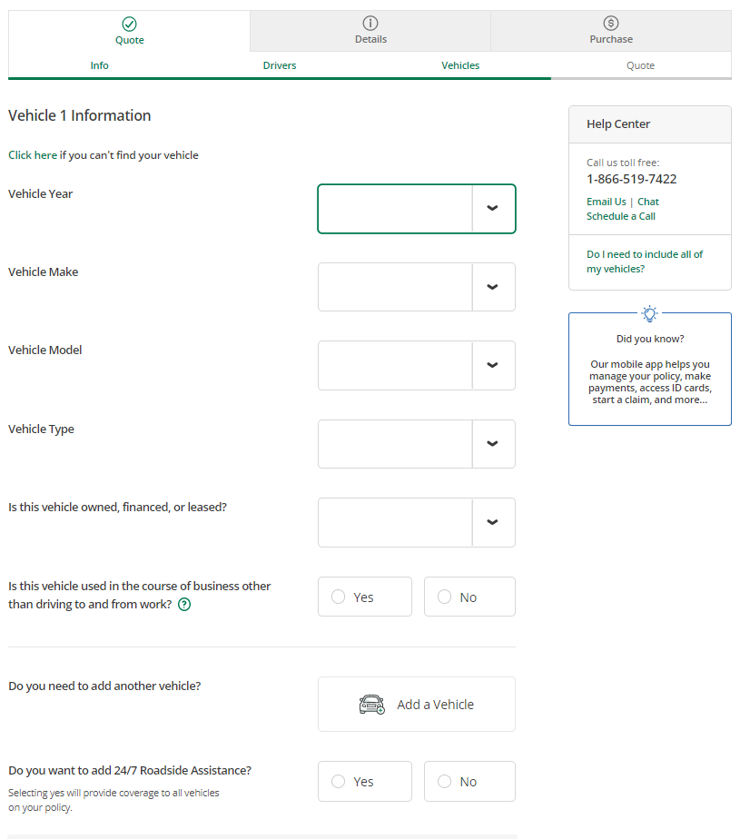 The General auto insurance application showing vehicle information questions