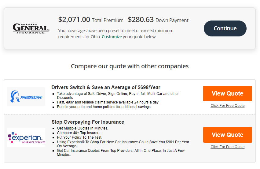 The General auto insurance application showing partial quotes from other insurance companies