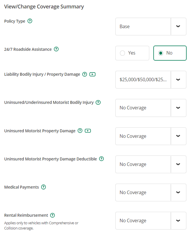 The General auto insurance coverage summary showing coverage by category