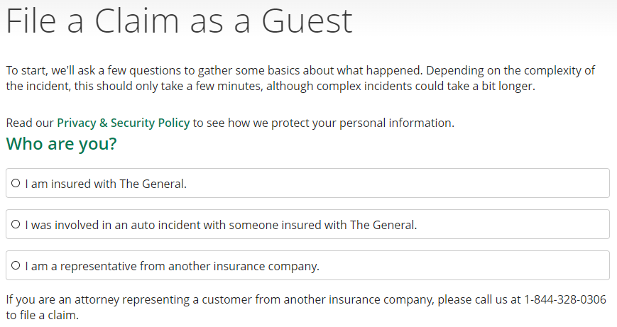 The General auto insurance guest claim filing page