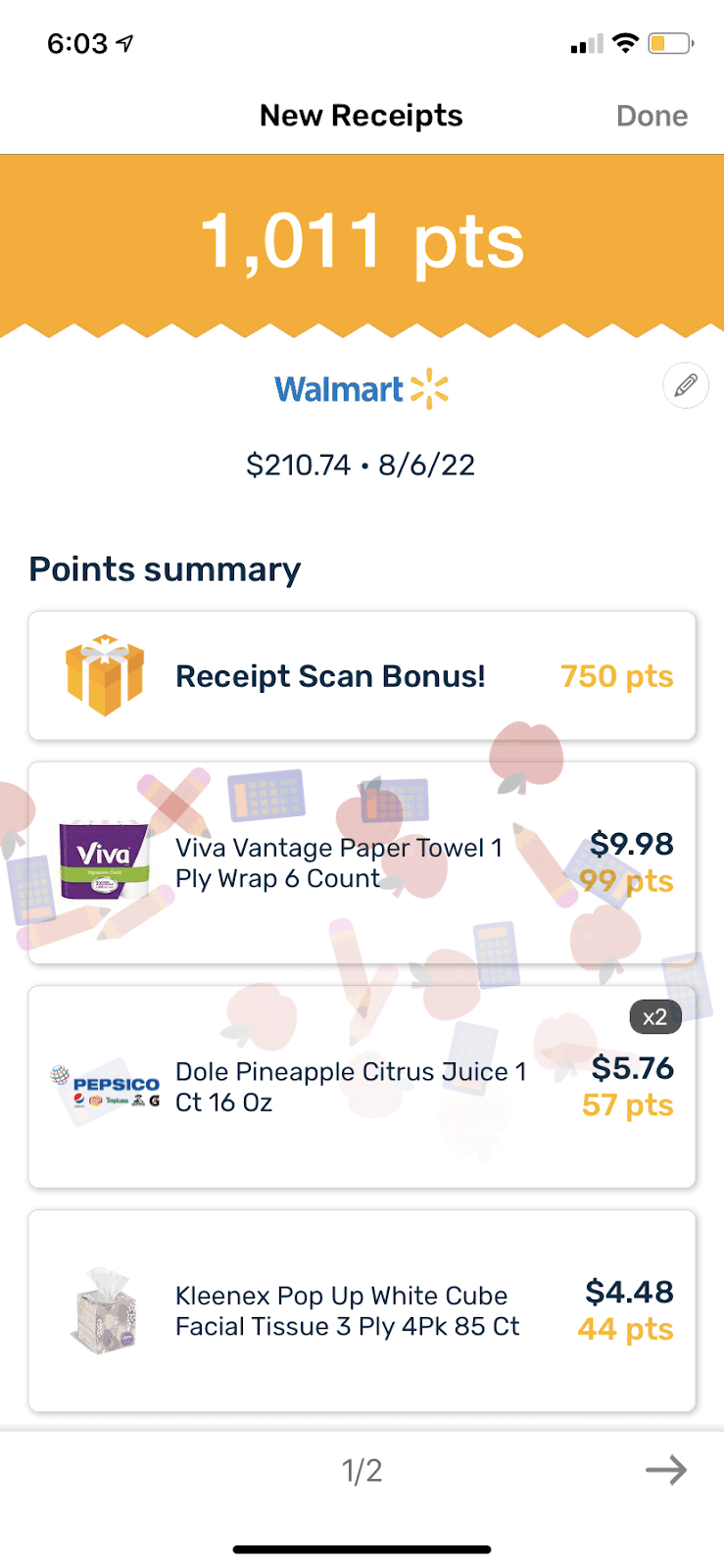 Screenshot of Fetch Rewards Walmart receipt processing