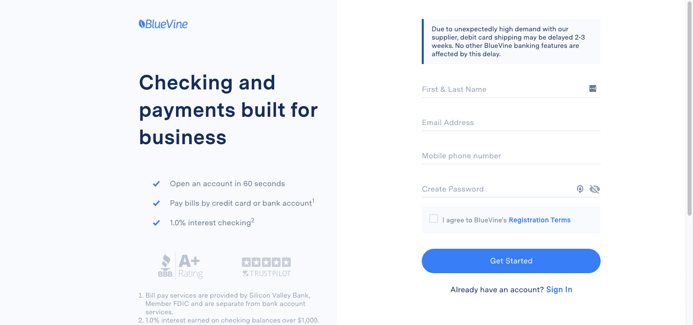 BlueVine Business Bank Review: Checking Built For Small Business - Get started