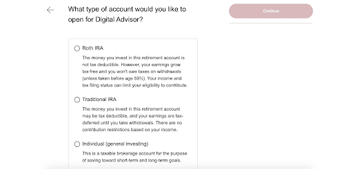 Vanguard Digital Advisor Review: A More User-Friendly Way to Invest In Your Future - Creating an account - Type of retirement account