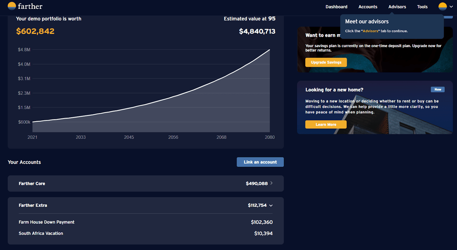 Farther Finance Review: Lower Cost Access To A Human Advisor - Dashboard example