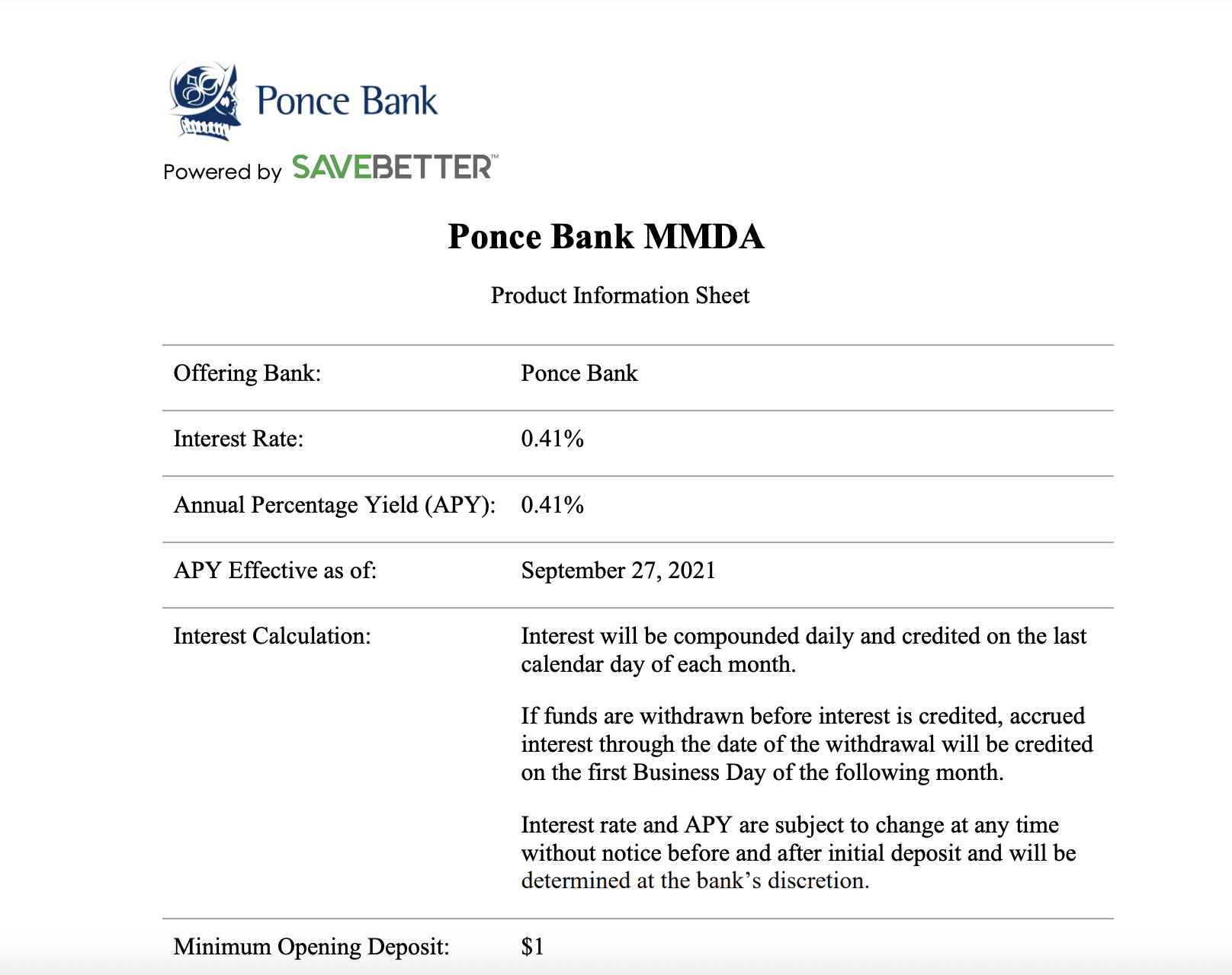 Ponce Bank Deposit Accounts Review: CD's and MMA With Above Average Interest Rates - Ponce MMDA