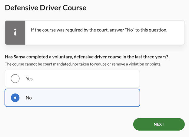 Has Sansa completed a voluntary, defensive driver course in the last three years?