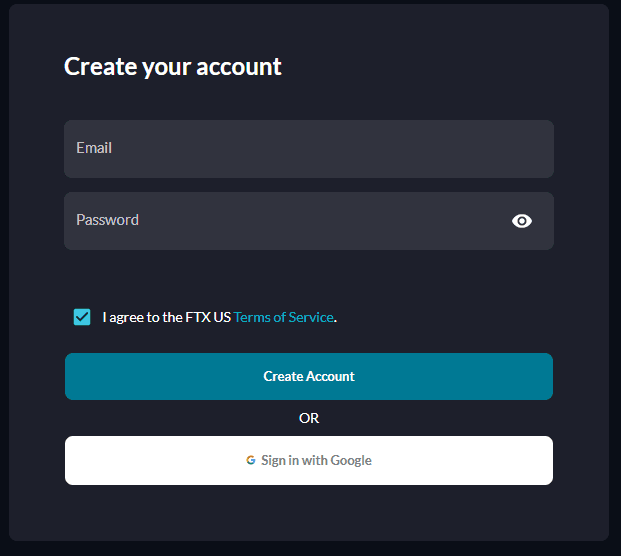 Create your account login screen