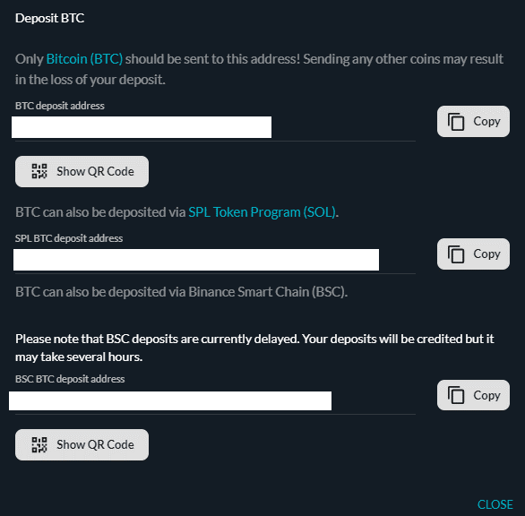 Deposit Bitcoin screen