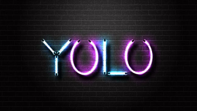Neon sign with the word YOLO against a black brick wall
