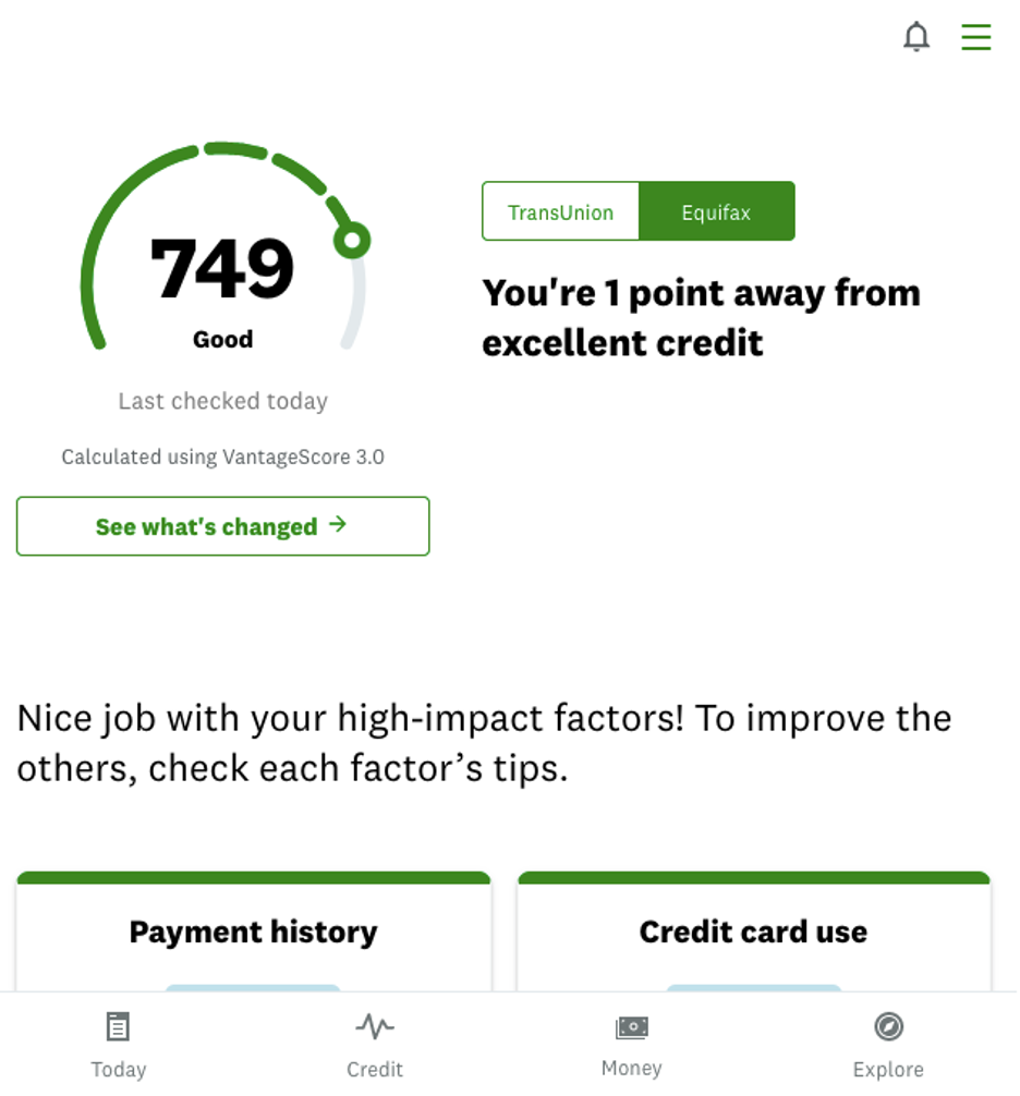 Screenshot of Credit Karma scores from two credit bureaus